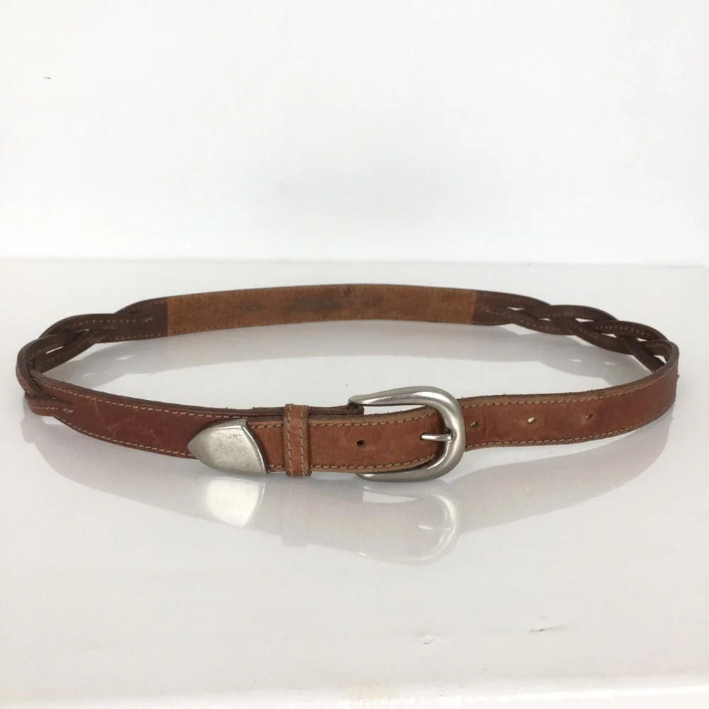 Genuine Leather Braided Belt Thin Brown Preppy Minimalist Western
